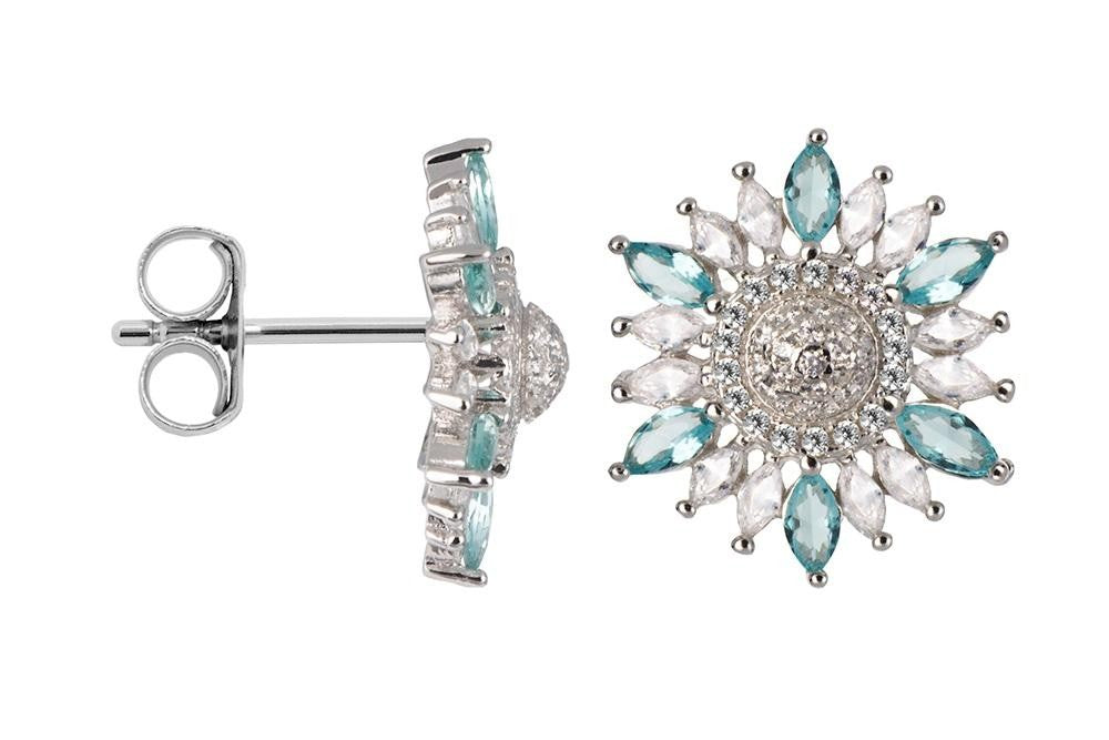 Brinco em prata -  925 cravejado com Zircônia brancas e Aquamarine